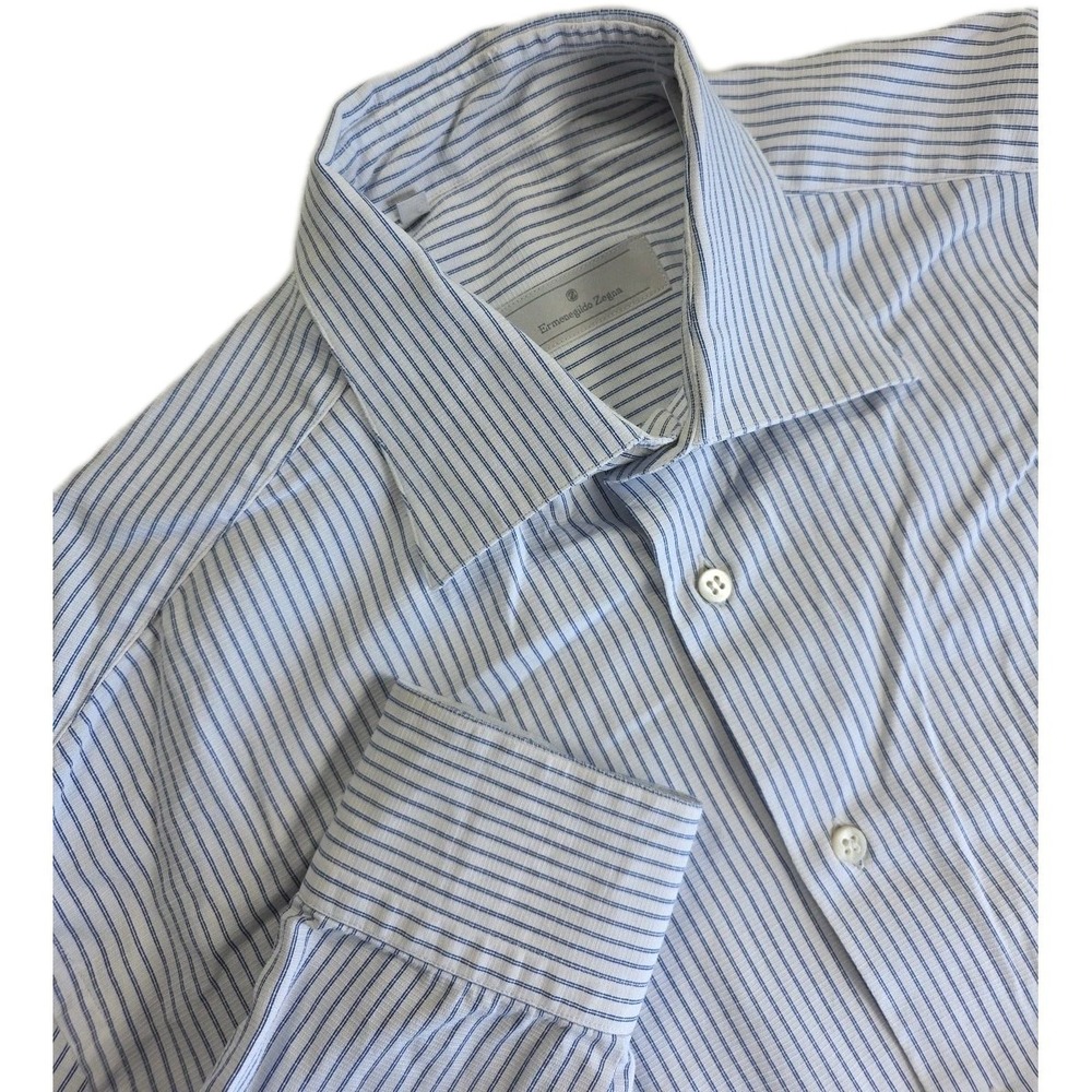 Ermenegildo Zegna Shirt Mens Blue Stripe Button Up Dress Cotton -READ